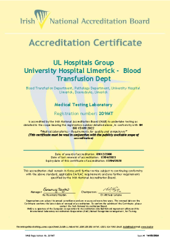 UL Hospitals Group t/a University Hospital Limerick  - Blood Transfusion - 209MT Cert  summary image
