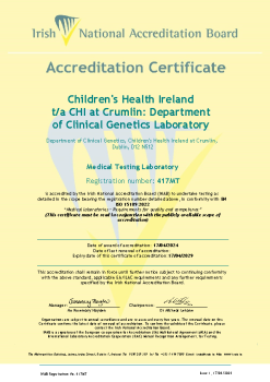 Children's Health Ireland t/a CHI at Crumlin: Department of Clinical Genetics Laboratory - 417MT Cert summary image