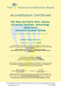 HSE West and North West, Galway University Hospitals, Immunology Department - 255MT Cert summary image