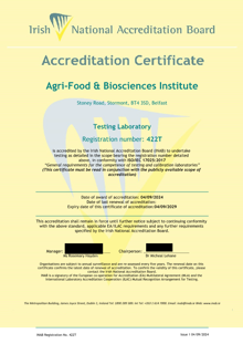 Agri Food & Biosciences Institute  422T Cert thumbnail