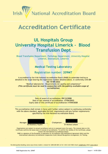 UL Hospitals Group t/a University Hospital Limerick  Blood Transfusion  209MT Cert thumbnail