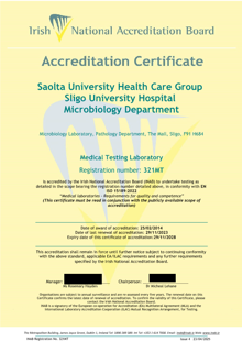 Saolta University Health Care Group Sligo Regional Hospital, Microbiology Department  321MT Cert thumbnail
